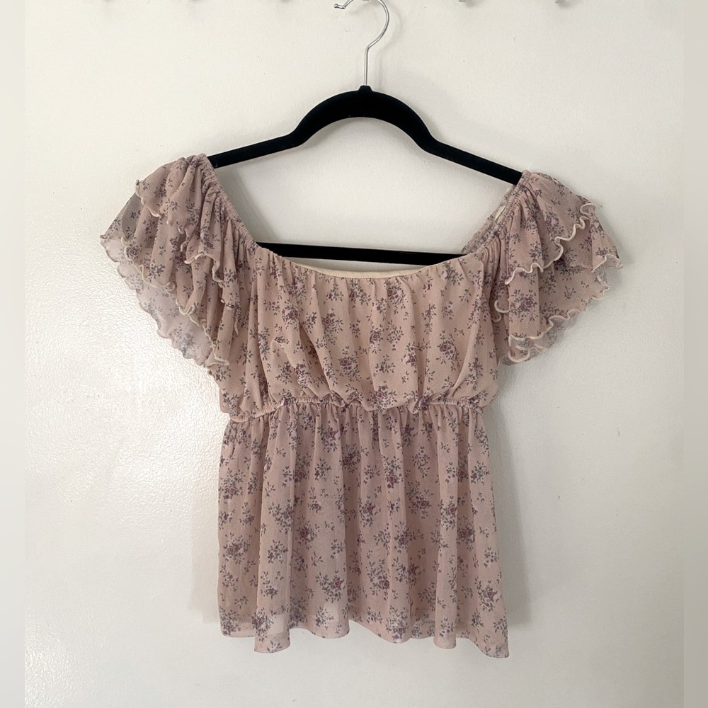 RSQ - Pale Pink Floral Ruffled Sleeve Blouse Top